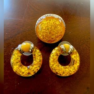 COPY - AP Paris French Signed 925 Sterling Silver Resin Set Ring and Earrings